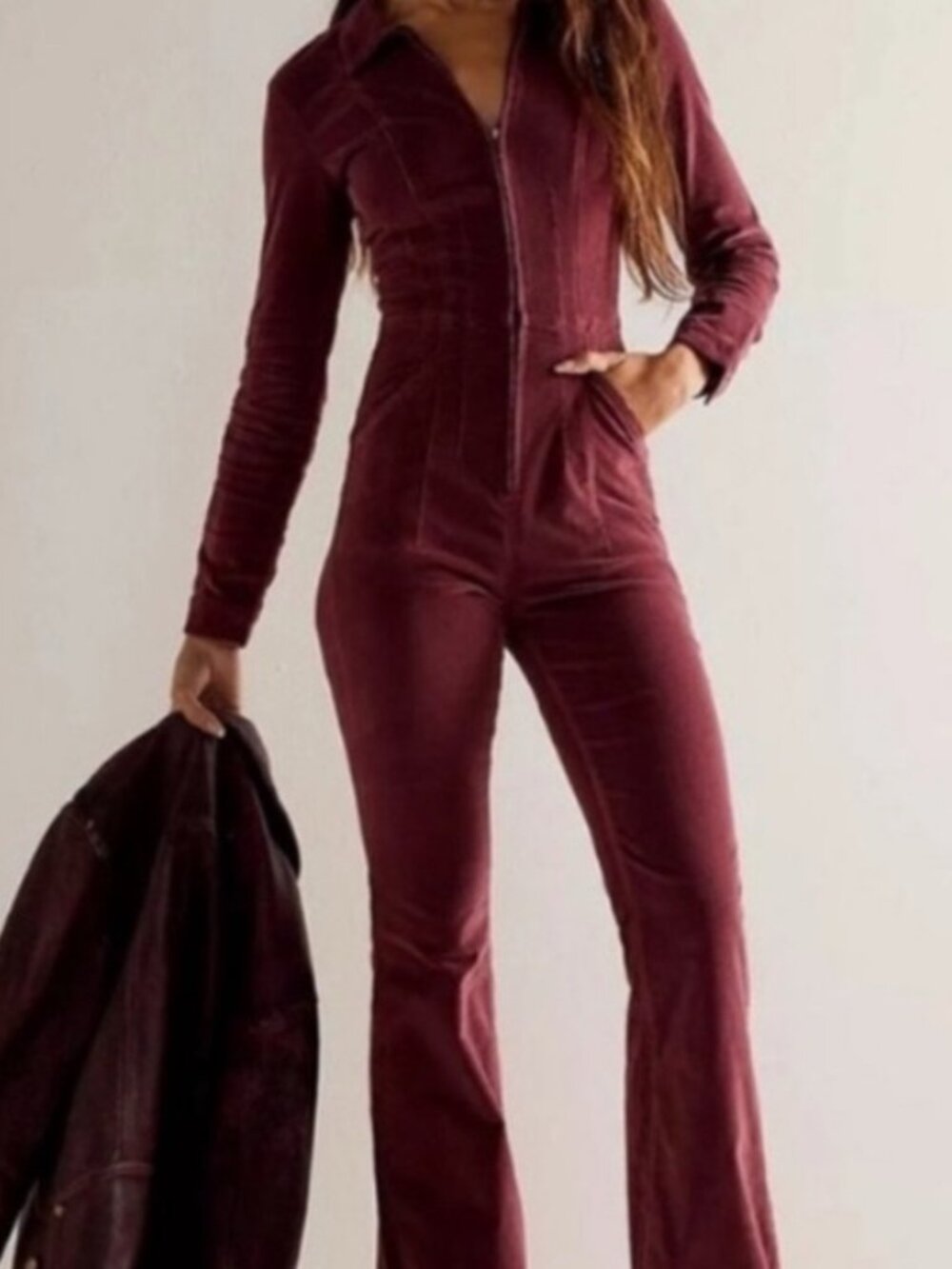 Free People We The Free Wine Corduroy Wide Leg Long Sleeve Jumpsuit Size L
